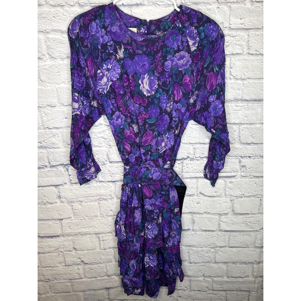 Kwai Vintage Purple Floral Long Sleeve Round Neck Belted Midi Dress Ruffled SZ 8
